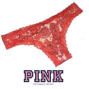 PINK Victoria's Secret Coral Panties Paisley- Underwear Thong P058 Med